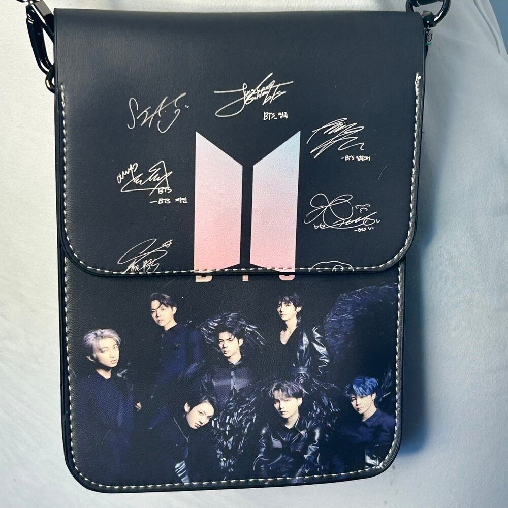 BTS K-Pop Crossbody Phone Bag Black Group Photo Logo Signature Print